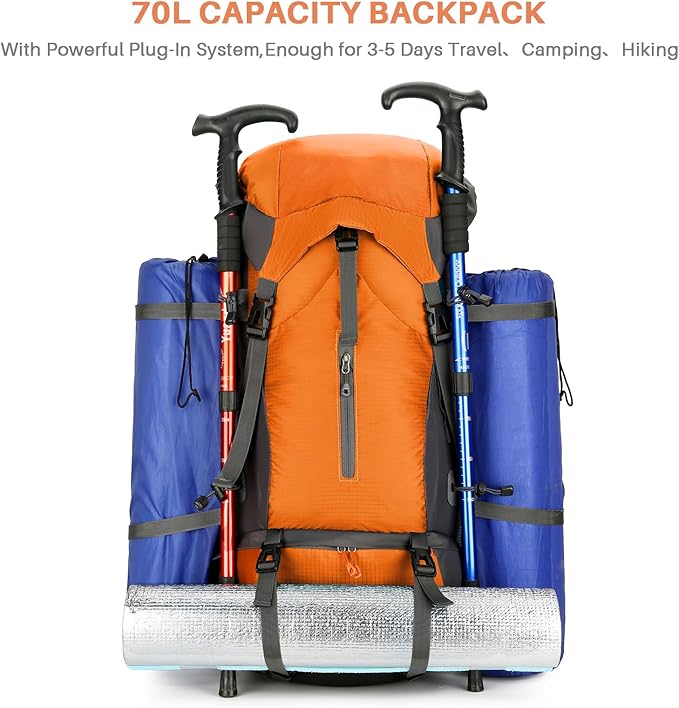 ShowyLive 70L Backpack - Waterproof Hiking Backpack for Men and Women - Lightweight Camping and Backpacking Backpack with Rain Cover and Comfort Design, Orang