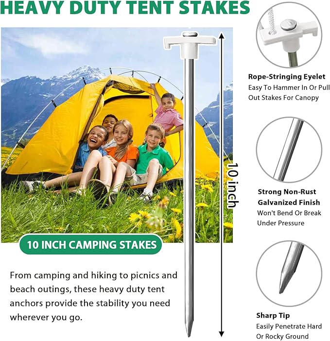 Eurmax USA Galvanized Non-Rust Camping Tent Stakes Canopy Anchors Heavy Duty 10pc-Pack, with 4x10ft Ropes & 1 White Stopper