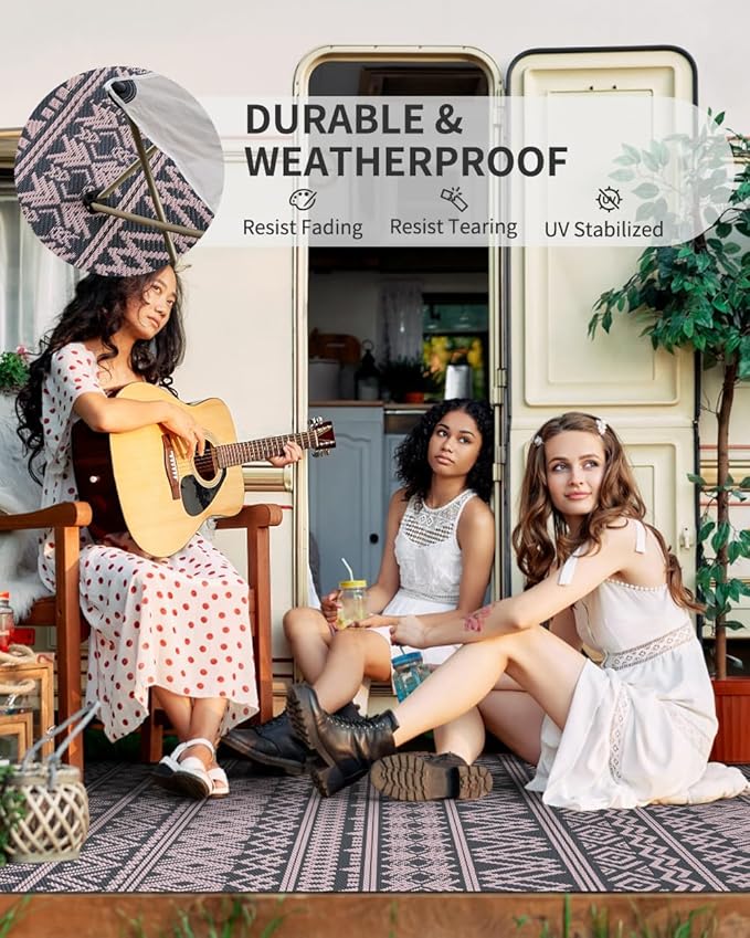 MontVoo Outdoor Rug 8x10 Waterproof Outdoor Patio Rug Mat Reverisble Plastic Straw Outdoor Rug for RV Camping Picnic Beach Balcony Boho Pink Grey