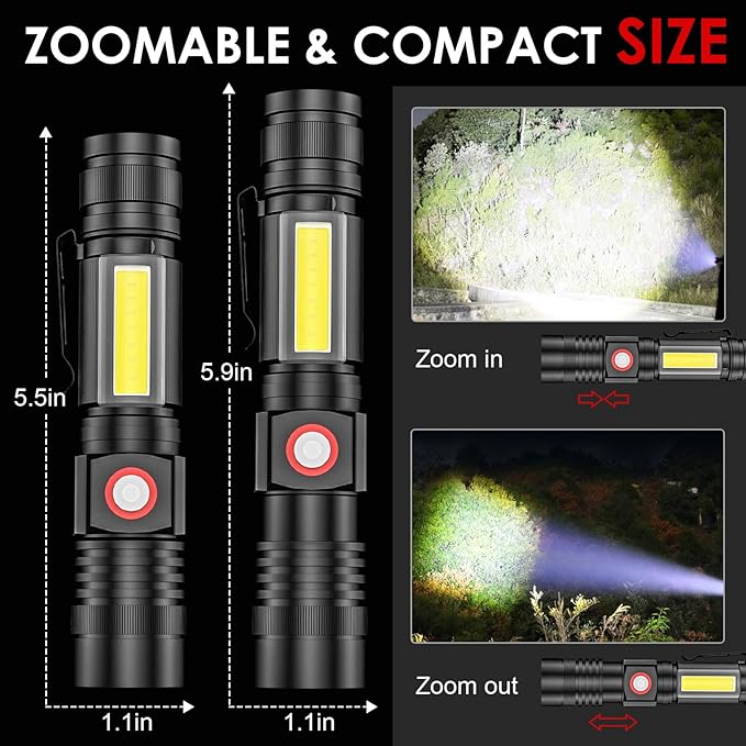 Small Flashlight Rechargeable, Magnetic LED Flashlight, 1000 Lumens Super Bright Flashlight with COB Work Light, 4 Modes, Waterproof, Zoomable Pocket Tactical Flashlights for Camping Emergency 2 Pack