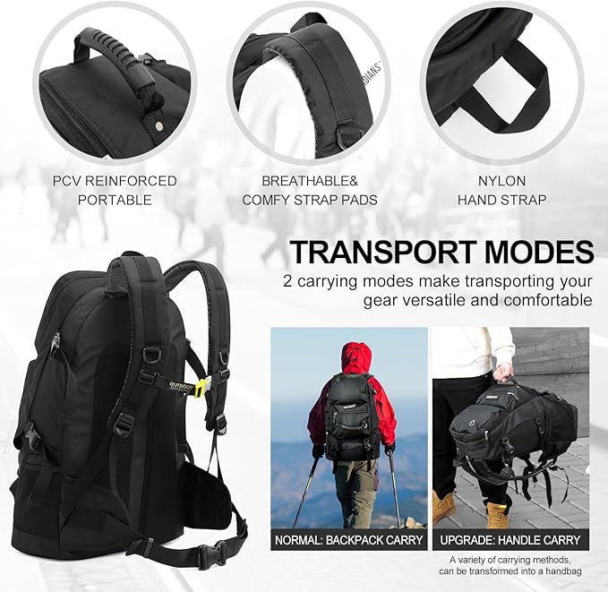 INOXTO 40L Hiking Backpack, Camping Backpack with Waterproof Rain Cover for Men, Outdoor Sport Travel Daypack for Climbing (065 Black)