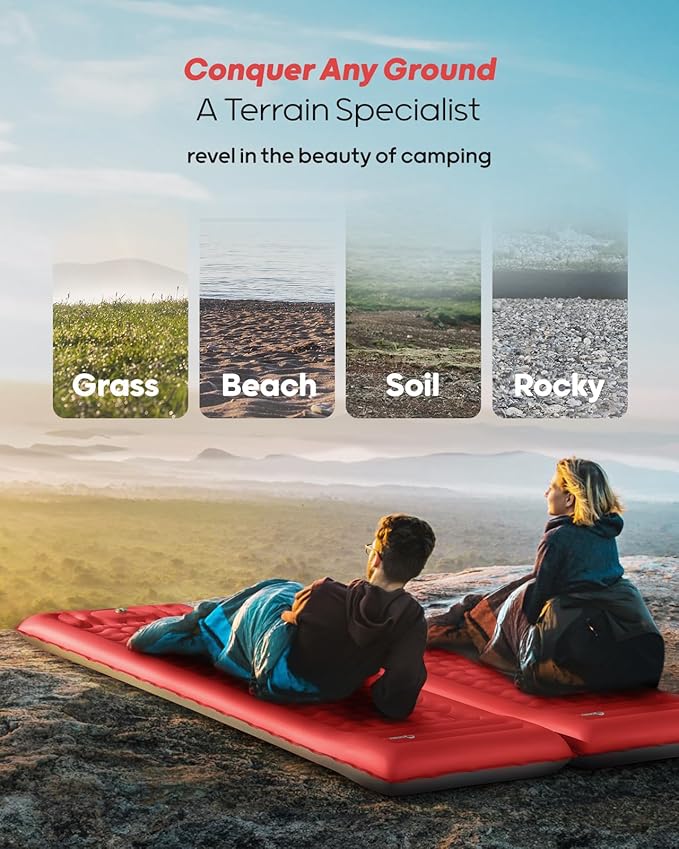 QPAU Sleeping Pad for Camping, Camping Mattress, 76''X26'', 4.7'' Extra-Thick Enhanced Support, with Built-in Foot Pump, for Camping, Hiking - Airpad, Backpacking and Home (Red+Dark Grey)