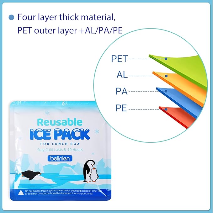 4 Pack Reusable Ice Packs for Lunch Boxes - 7x7 Inch Long-Lasting Freezer Packs, BPA-Free Gel & Leakproof Design Cold Packs for Cooler, Camping, Travel