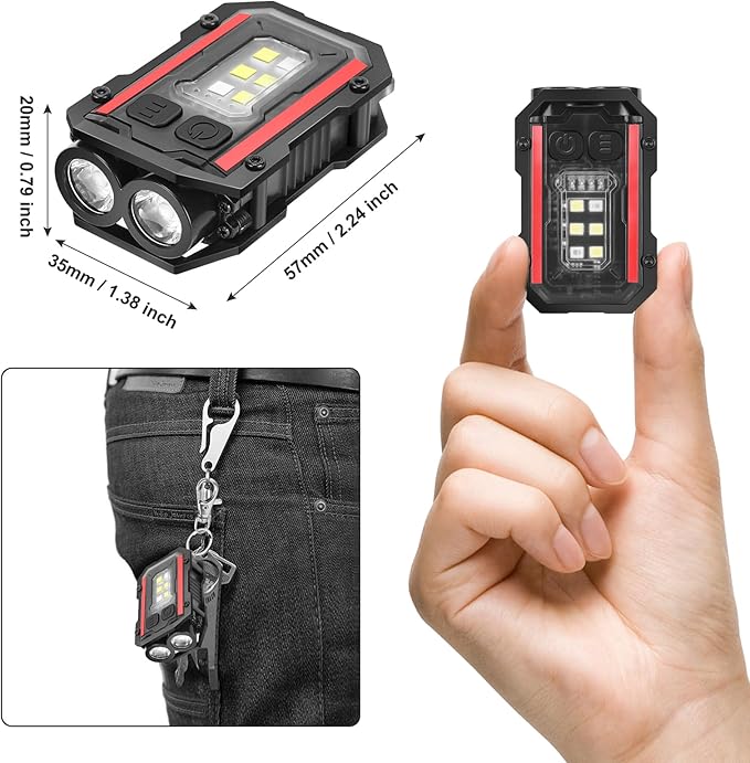 Mini Keychain Flashlight with Clip, 8 Modes Pocket Flash Light, Red Blue COB Side Light, Type-C Rechargeable for Hiking, Camping, Emergency (2, Balck+Black)