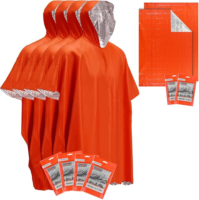 Emergency Poncho (4 Pack), Emergency Blanket (2 Pack) with Mylar Blanket Liner, Much Larger and Thicker Survival Blanket