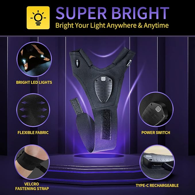 Rechargeable Led Flashlight Gloves, Birthday Fathers Day Gift from Daughter Son Wife, Unique Camping Gadgets Led Gloves for Men Mechanic Car Guy Repairing