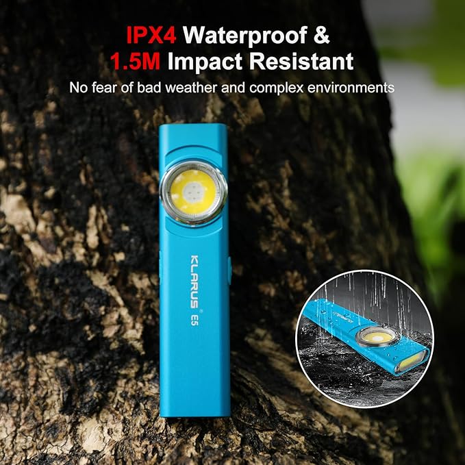klarus E5 Pocket Flashlight, Rechargeable EDC Flashlight, Super Slim Flat 4.2x1x0.3inch, 470 Lumens, USB-C Port, IPX4, Dual Light Source with Magnetic Base, Hat & Clothes Clip - Blue