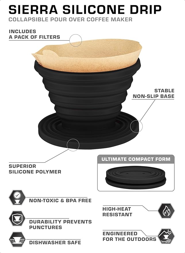COLETTI Sierra Collapsible Coffee Pour Over Dripper — Camping Coffee Filter — Includes Pack of Paper Filters (Black)