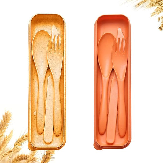 Reusable Travel Utensils Set with Case, 2 Sets Wheat Straw Portable Plastic Fork Spoons Knife Camping Cutlery, Eco-Friendly BPA Free Lunch Tableware for Kids Adults Travel Picnic Utensils