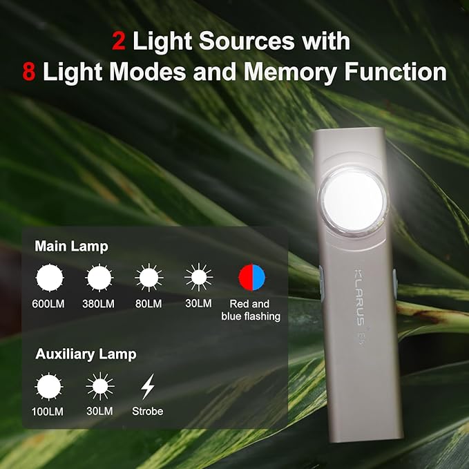 klarus E5 Pocket Flashlight, Rechargeable EDC Flashlight, Super Slim Flat 4.2x1x0.3inch, 470 Lumens, USB-C Port, IPX4, Dual Light Source with Magnetic Base, Hat & Clothes Clip - Grey