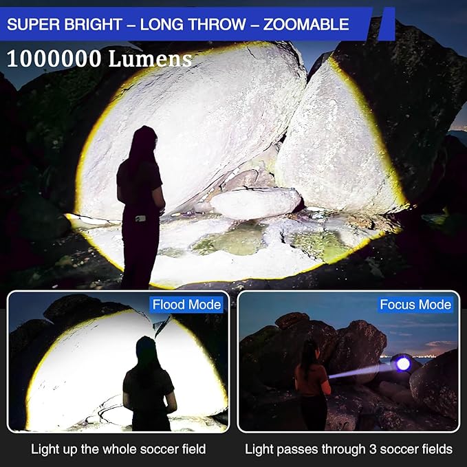 Rechargeable Flashlights 1000000 Lumen, LED Flashlight with Digital Power Display and Zoomable, Flashlights High Lumen Super Bright Long Distance for Camping, bushcraft, Outdoor