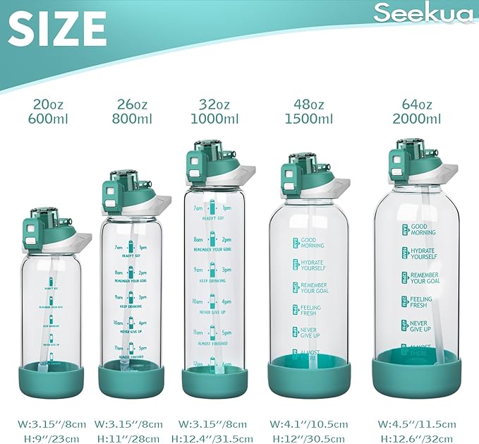 48 oz Large Sports Glass Water Bottle with Straw & Time Marker, Motivational Daily Glass Drinking Bottle with Strap for Fruit Infused Water, Smoothie, Coffee