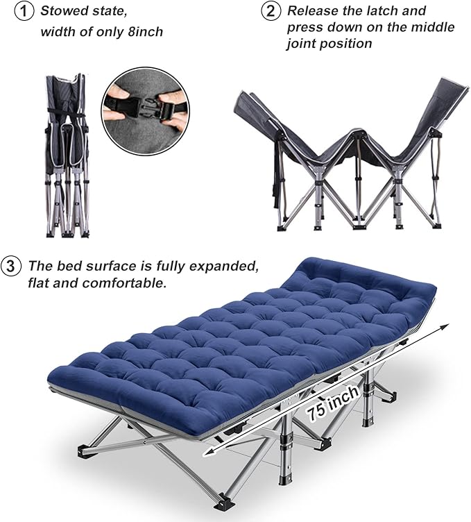 ABORON Folding Camping Cot W/Mat for Adults, Heavy Duty Outdoor Bed with Carry Bag,1200 D Layer Oxford Travel Camp Cots