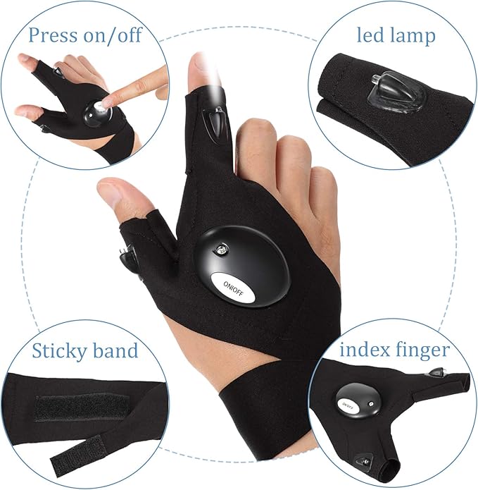 Frienda 2 Pair LED Flashlight Gloves Gifts for Men Light Fingerless Outdoor Fishing Gloves Tool Gadgets Gifts for Repairing Working in Places for Men Women Fishing Camping Christmas Birthday Gift