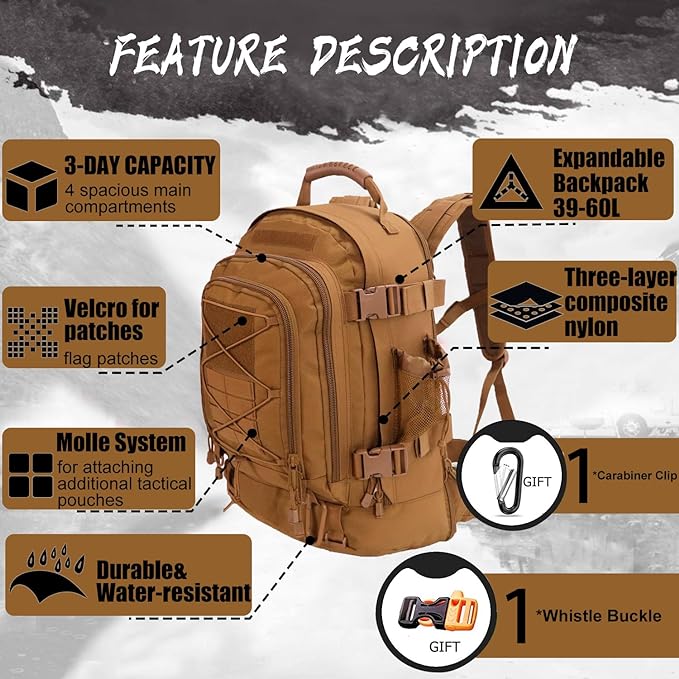Expandable 40-64L Military Tactical Backpack 3 Day Bag Hiking Gym Sport Camping