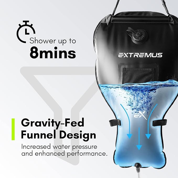 Extremus Camping Shower Bag, Camp Shower Bag, Durable, Leak-Proof Design with Thermometer, Removable Hose, and On-Off Switchable Shower Head, Portable Solar Shower for Camping