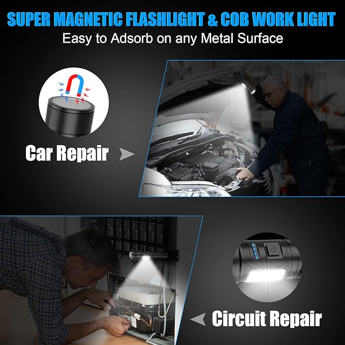 LED Magnetic Flashlight High Lumens Rechargeable, 10000 Lumens Super Bright Small Tactical Flashlights with COB Work Light, Type C, Zoomable, 7 Modes, IPX7 Waterproof Handheld Flashlights for Camping