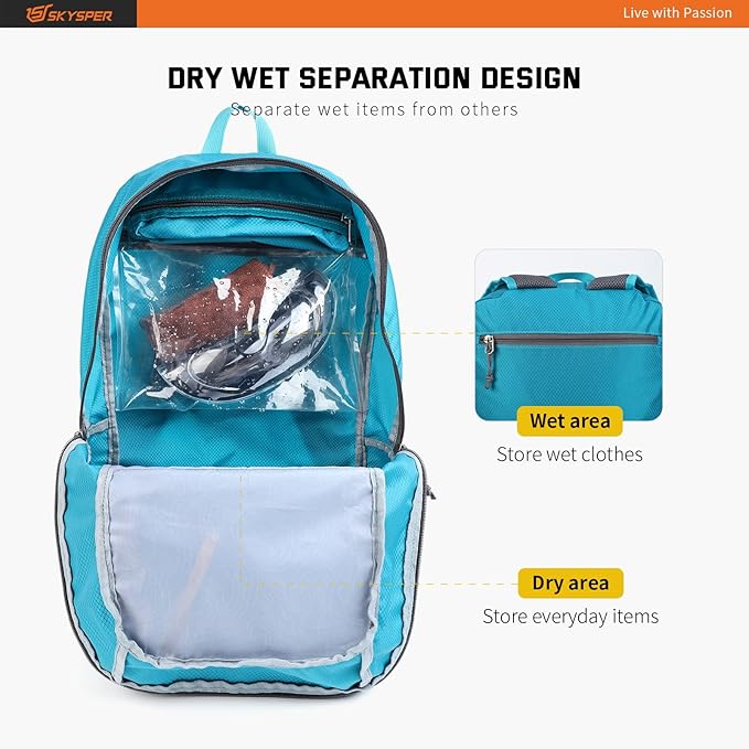 SKYSPER Lightweight Packable Backpack - 30L Hiking Daypack with Wet Pocket Foldable Travel Carry-on Backpack for Women Men
