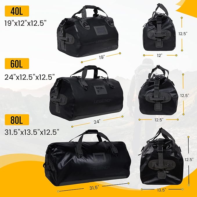 LEGEND Waterproof Duffel Bag - Heavy Duty Duffle Bag for Outdoor, Camping, Boating & Travel, Premium PVC Dry Duffel Bag, Motorcycle Dry Bag with Durable Strap & Handles with Large Storage - 80L Black