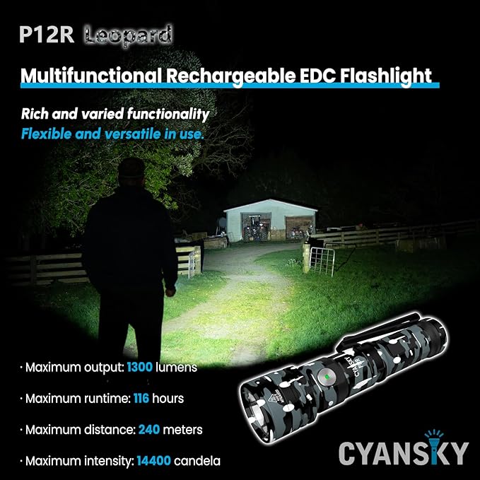 CYANSKY Rechargeable Flashlight,Super Bright,Flashlights High Lumens, Small EDC Flashlights for Emergencies,IP68 Waterproof Flash Light for Camping,Hiking,Outdoor,Home (Leopard)