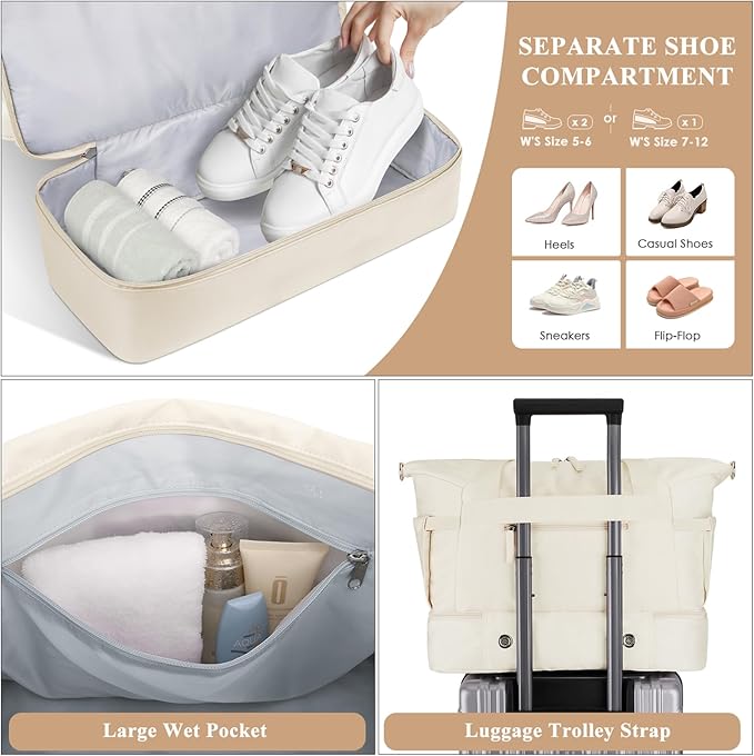ETRONIK Gym Bag for Women, Personal Item Travel Bag with Shoes Compartment, Weekender Overnight Duffel Bag with Wet Pocket & USB Charging Port, Carry On Bag for Women, Travel, Gym, Weekend (Beige)