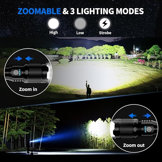 Flashlights High Lumens 900000 LED Rechargeable Tactical Flashlight Zoomable 3 Modes Fast Charging IPX6 Waterproof Super Bright Black Handheld Flashlights for Camping Hiking Outdoor and Gift