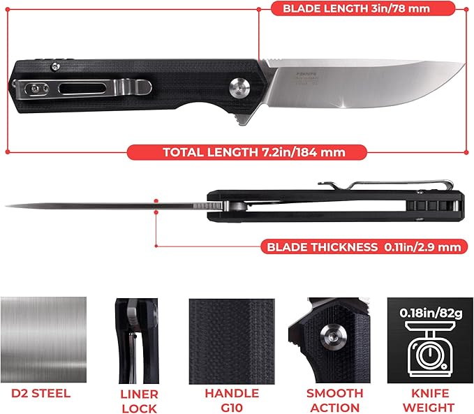 Firebird GANZO FH11S-BK Pocket Folding Knife G10 Anti-Slip Handle with Clip D2 Steel Blade Hunting Fishing Camping Gear Outdoor Folder EDC Pocket Knife (Black)