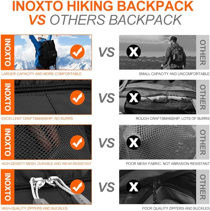INOXTO 40L Hiking Backpack Camping Backpack with Waterproof Rain Cover for Men Women, Outdoor Sport Travel Daypack with Adjustable Chest and Hip Strap (Black)