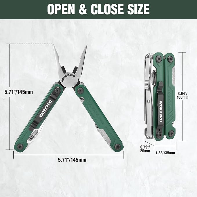 WORKPRO 18-in-1 Multi Tool Pliers, Stainless Steel EDC Multitool with Pocket Knife, 2 Safety Locks, Belt Clip and Oxford Pouch, Multipurpose Utility Multiuse Tool for Camping Outdoor Activities