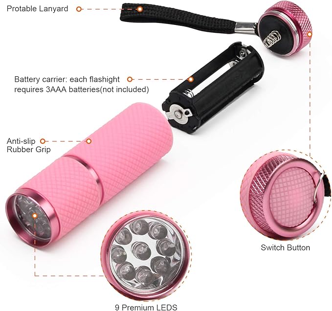 Coolrunner LED Flashlight, Small Glow Flashlights with 9 LED Lights, Portable Light Nail Dryer for Nail Gel, Flashlight Mini Powerful Pet Urine Detector for Dog/Cat, Resin Curing (Pink)