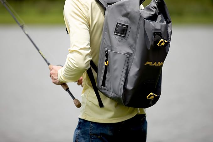 Plano Z-Series Roll-Top Waterproof Fishing Tackle Backpack, Gray Fabric, Includes 2 Clear 3700 StowAway Utility Boxes, Fishing Backpack with Tackle Boxes