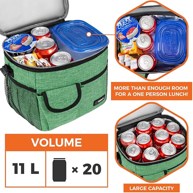 opux Insulated Lunch Bag for Men Women, Leakproof Heather Green Lunch Box for Work, Portable Soft Lunch Cooler Bag with Shoulder Strap, Adult Lunchbox Lunch Pail for Kid Boy Girl School, 18 Can/10L