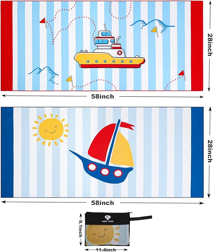 2 Pack Microfiber Beach Towel, Kids' Microfiber Pool Towel 58”x 28”, Sand-Free Beach Towel, Quick Drying Camping Towel, Super Absorbent Bath Towel Blanket, Soft Breathable and Lightweight