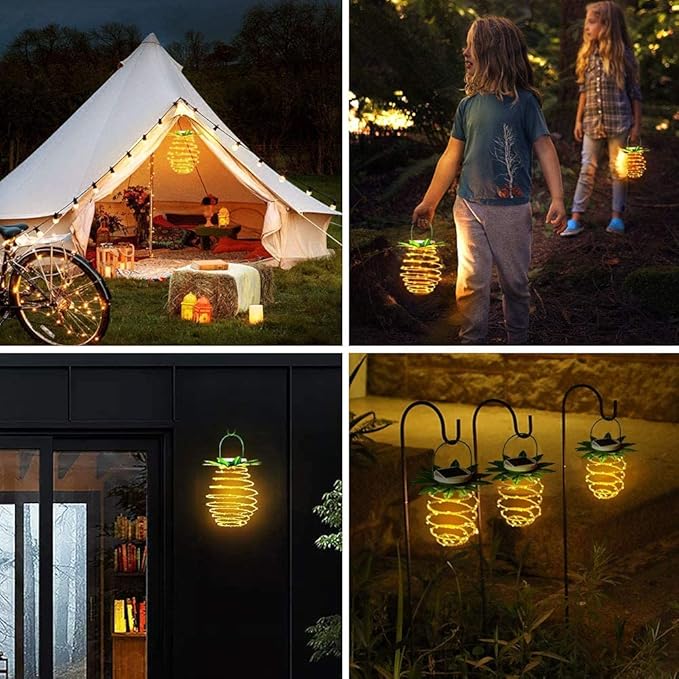 Tcamp 4 Pack 60 LED Solar Powered Pineapple Lights Outdoor Garden Patio Lights Decor, Outdoor Pineapple Lanterns Hanging Lights, Landscape Path Tree Lights (Dusk to Dawn Sensor/Warm White)