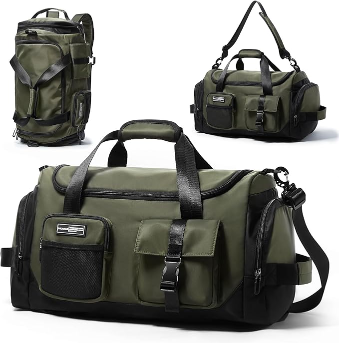 Duffel Backpack 22.5L With Shoe Compartment Waterproof Olive Green Gym Bag Travel Duffle Backpacks Weekend Shoulder Carry On Bag (3 In 1)