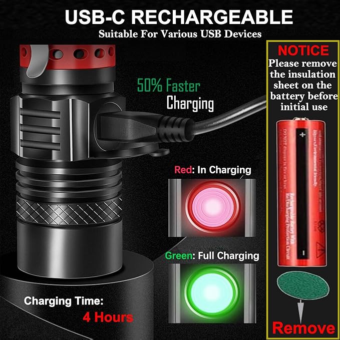 wowlite Flashlight Rechargeable, Super Bright Pocket LED Flashlights with Adjustable Brightness, Zoomable High Lumens Small Flash Light, Long Lasting for Outdoor Camping Home Emergency (Red)