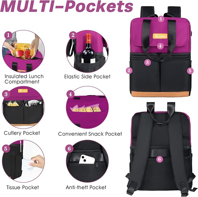 Backpack Cooler with Double Decker & 12 Ice Packs- Keeps 36 Cans Cold for Up to 24 Hours- Waterproof & Leak Proof Insulated Cooler Backpack- Stylish Cooler Bookbag for Women Travel Work Beach