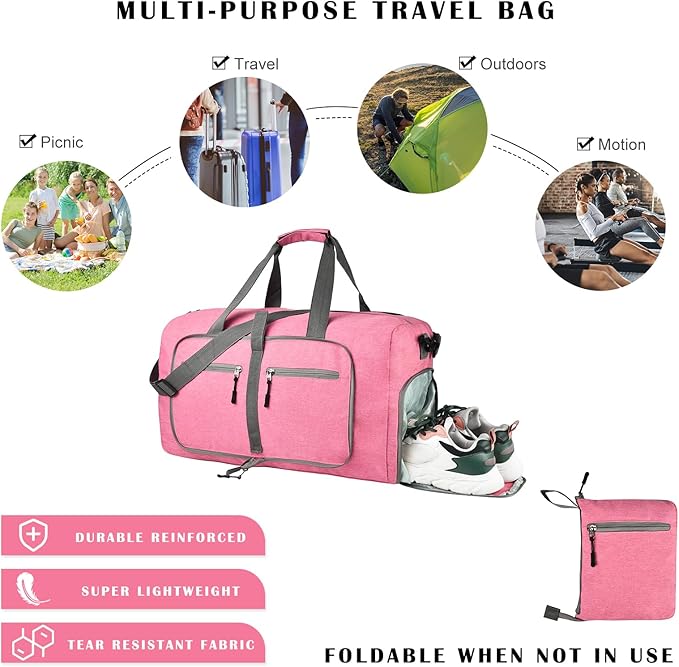 Dimayar 40L Travel Duffle Bag for Men Women - Foldable Duffel Bag with Shoes Compartment - Overnight Bags Waterproof & Tear Resistant(Pink)
