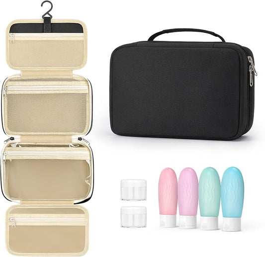Toiletry bag for women with travel size containers set, hanging toiletry bag for full Size toiletries, Skincare, Shampoo, Makeup Cosmetic Bag Travel Organizer, Water-resistant toiletry bag