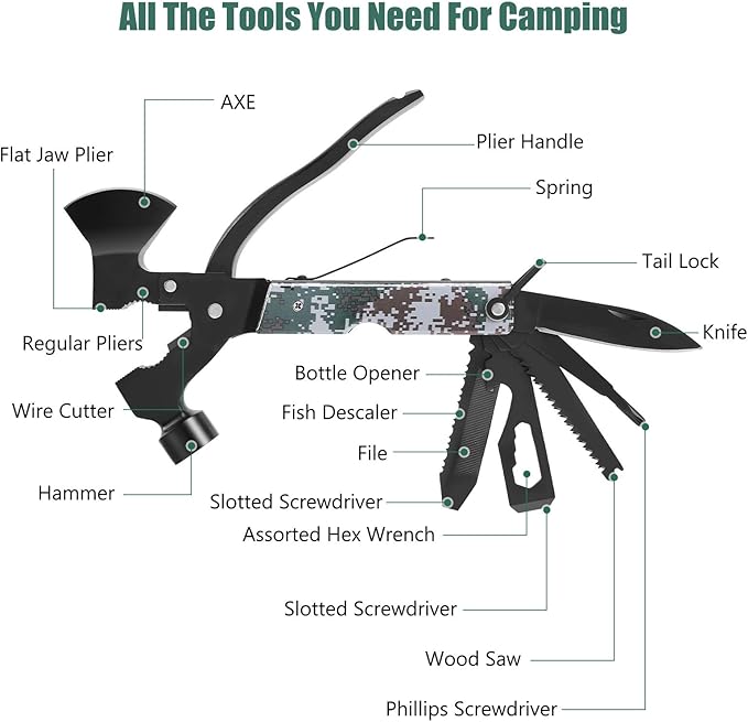 Mens Gifts Camping Accessories Multitool Camping Gear Unique Gifts for Men Dad Husband 16 in 1 Survival Gear and Equipment Camping Gadgets Stocking Stuffers for Men Hunting Hiking Mini Axe Hammer