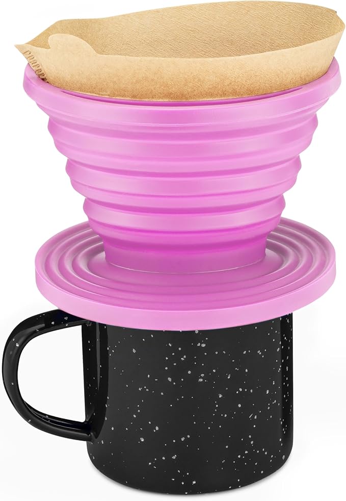 COLETTI Sierra Collapsible Coffee Pour Over Dripper — Camping Coffee Filter — Includes Pack of Paper Filters (Pink)
