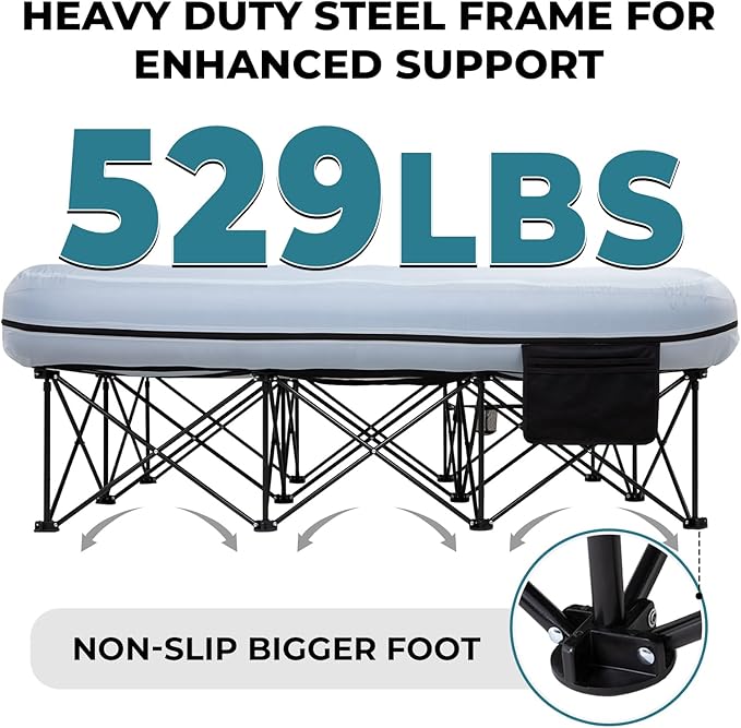 FUNDANGO Queen Camping Cot, 2 Person Folding Airbed Mattress, Double Camp Bed with 2 Cup Holders, Removeable Cover for Adults Outdoor Travel,Carry Bag Included (Grey)