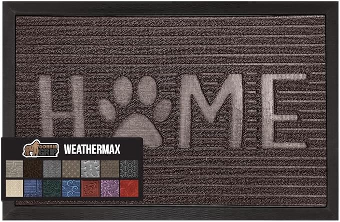GORILLA GRIP 100% Waterproof All-Season WeatherMax Doormat, Durable Natural Rubber, Stain and Fade Resistant, Low Profile, Indoor Outdoor Door Mats, Easy Clean Patio Entrance Mat, Espresso Home Paw