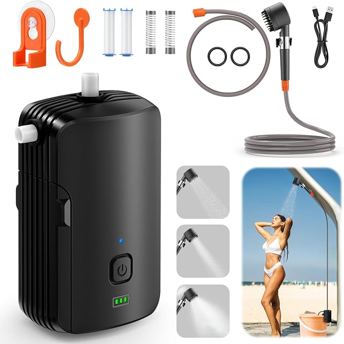 Ideashop Portable Camping Shower Set, Electric Outdoor Camp Shower Pump, Powered by Rechargeable Battery, 3 Flow Mode Head Nozzle, Portable Shower for Camping, Hiking, Traveling, Washing