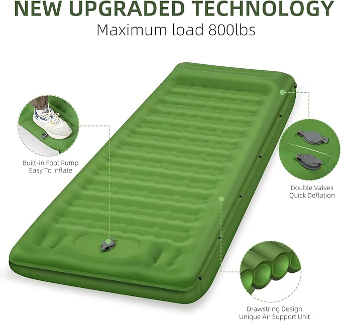 Sleeping Pad Camping, Self Inflating 6'' Extra-Thick with Pillow Built-in Foot Pump Waterproof Inflatable Sleeping Mat Backpacking, Tent, Hiking, Portable Camping Pad (Green)