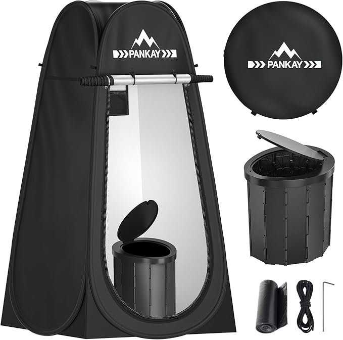 Pankay Camping Toilet with Pop up Privacy Tent, X Large Portable Toilet Potty for Adults, Outdoor Camping Shower Tents Changing Room, Instant Pop Up, Washable Foldable Camp Toilet Kit with Carry Bag