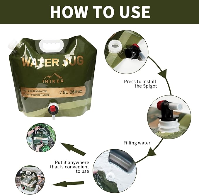 2 Pcs Collapsible Water Storage, 1.98 Gallon Collapsible Water Jug Plastic Camping Water Container for Outdoors Hiking Traveling, Premium Foldable Portable Emergency Water Bag - BPA Free Food Grade