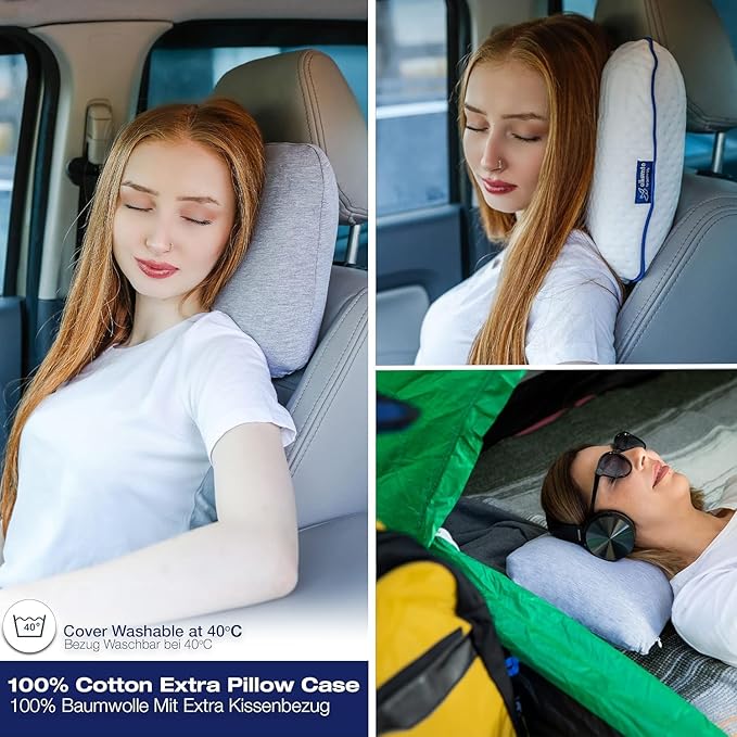 Travel & Camping Comfortable Memory Foam Pillow with Extra Cotton Cover – Easy to Carry Portable Bag (White)