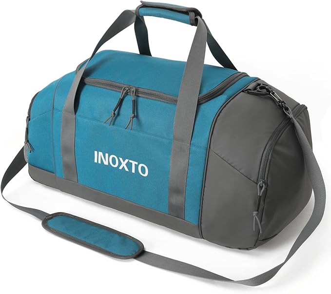 Sports Gym Bag,INOXTO Travel Duffel Bag with Dry Wet Pocket And Shoe CompartmentFor Women and Men,40L/55L Fitness Waterproof Weekender Bag For Swim Sports Travel Working Out (Blue White, 55L)