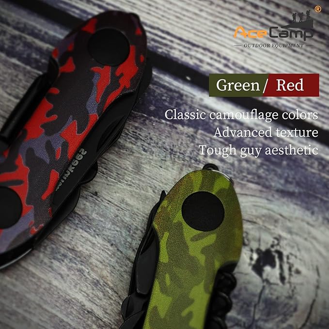 14-in-1 pocket multi-tool, camo stainless steel tool with blade, scissors, corkscrew, serrated, screwdriver, outdoor, fishing, hiking, camping Green
